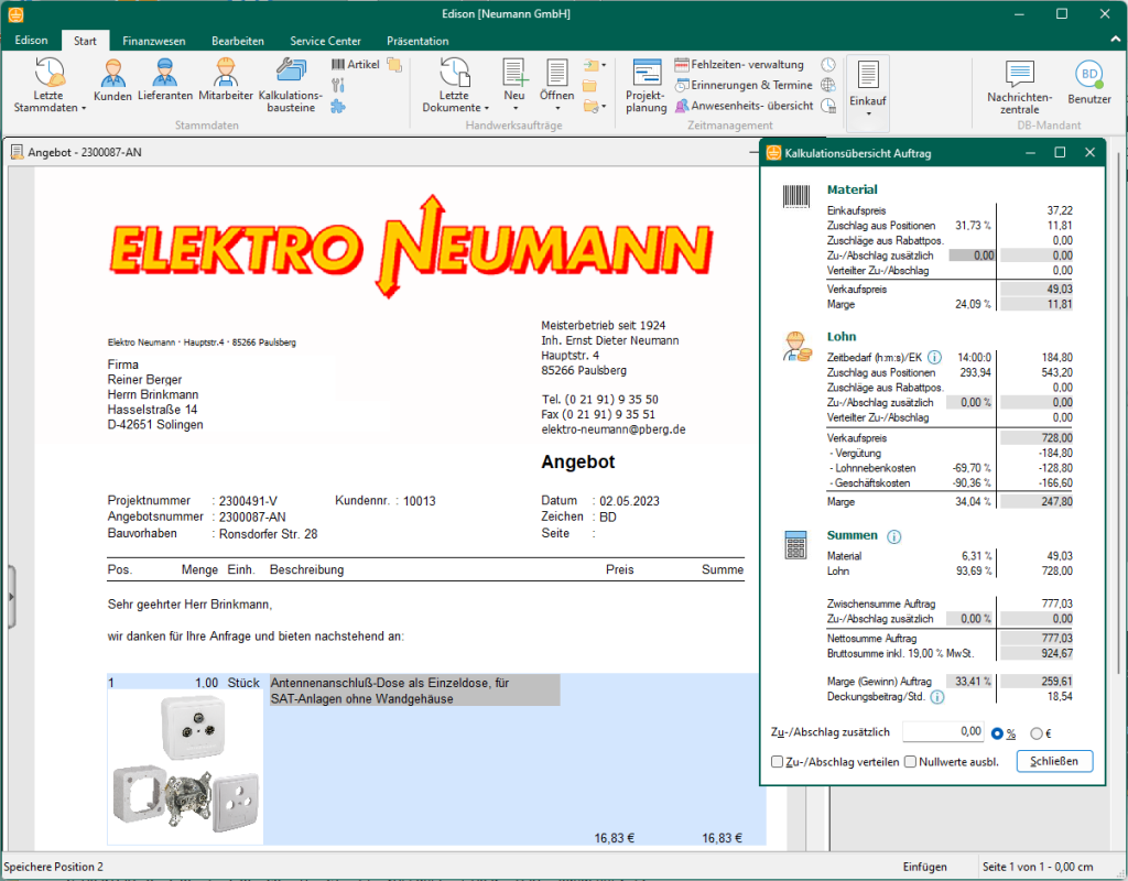 Angebote in Edison erstellen - inklusive Gesamtkalkulation