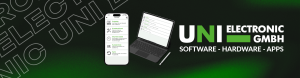 Smartphone und Tablet zeigen die Excellent P.2 Startseite mit den Modulen Projekte, Kundendienst, Stundenzettel, Kundenliste und Sync, daneben das Logo der UNI ELECTRONIC GMBH.