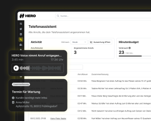 Der Telefonassistent HERO Voice in der HERO Software: Übersicht der angenommenen Anrufe mit Minutenbudget, Aufnahme und automatischer Zusammenfassung eines Wartungstermins.