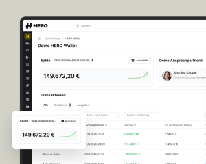 Das HERO Wallet Dashboard in der Buchhaltung der HERO Software mit Saldo, Transaktionsliste und Ansprechpartnerin.
