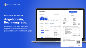 Meisterwerk-Rechnungsübersicht mit Einnahmen-Diagramm, offenen Rechnungen und Rechnungsliste nach Status, daneben eine fertige Rechnung mit Positionen und QR-Code für die Zahlung.