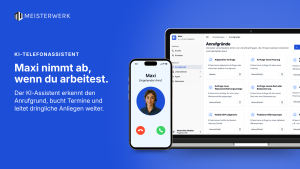 Meisterwerk-KI-Telefonassistent „Maxi“: eingehender Anruf auf dem Smartphone, daneben die Einstellungsseite Anrufgründe mit Kategorien wie Allgemeine Anfrage, Anfrage neue Heizung oder Notfall SHK.
