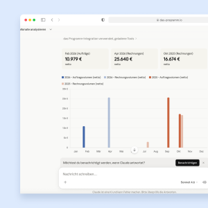 Dashboard von Das Programm zeigt ein Balkendiagramm mit Auftrags- und Rechnungsvolumen für 2025 und 2026 sowie eine Chat-Integration mit Claude.