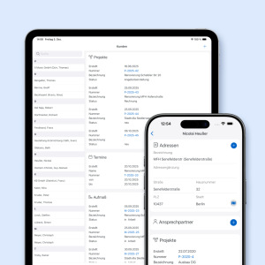Tablet- und Smartphone-Ansicht von Das Programm mit Kundenliste, Projektübersicht, Terminen sowie Adress- und Ansprechpartnerdaten eines Kunden.