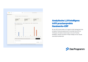 Werbegrafik von Das Programm mit Dashboard-Screenshot zu Auftrags- und Rechnungsvolumen, Slogan „Analytische LLM Intelligenz trifft praxiserprobte Handwerks-ERP" und erklärendem Text zur MCP-Schnittstelle.